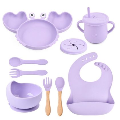 8PCS/Set Baby Silicone Crab Tableware Cup Bowl Plate Tray Bibs Spoon Fork Non-slip Sets