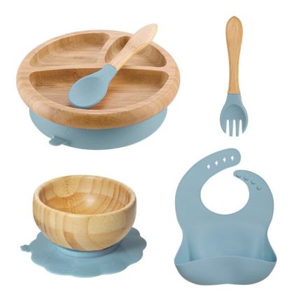5pcs Bamboo Tableware Suction Plate Bowl Spoon Fork Baby Feeding