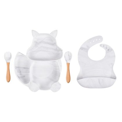 4Pcs  Baby Soft Silicone Sucker Bowl Plate Cup Bibs Spoon Fork Non-slip Sets